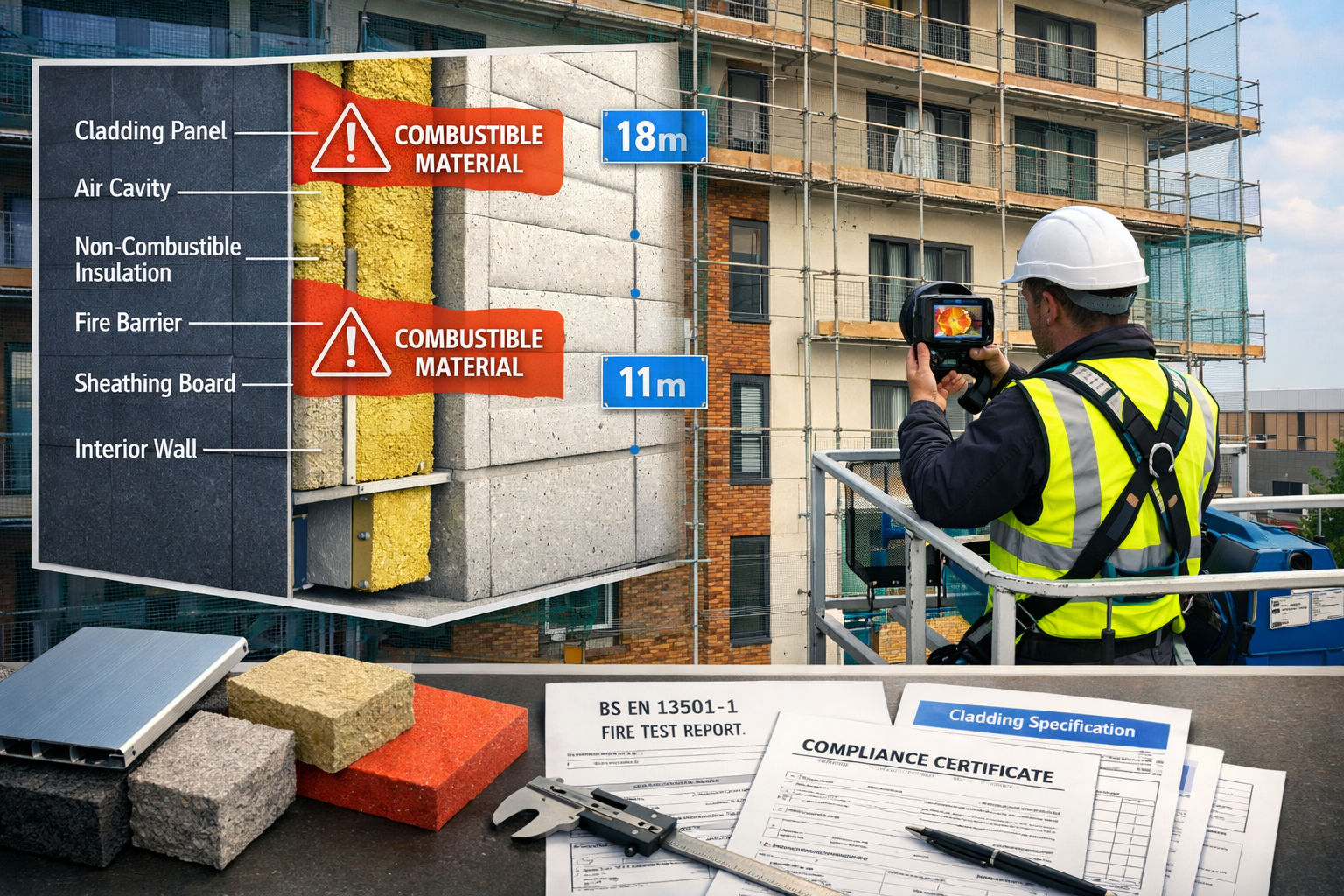 Wide-angle () photograph showing external wall cladding inspection in progress on mid-rise residential building between