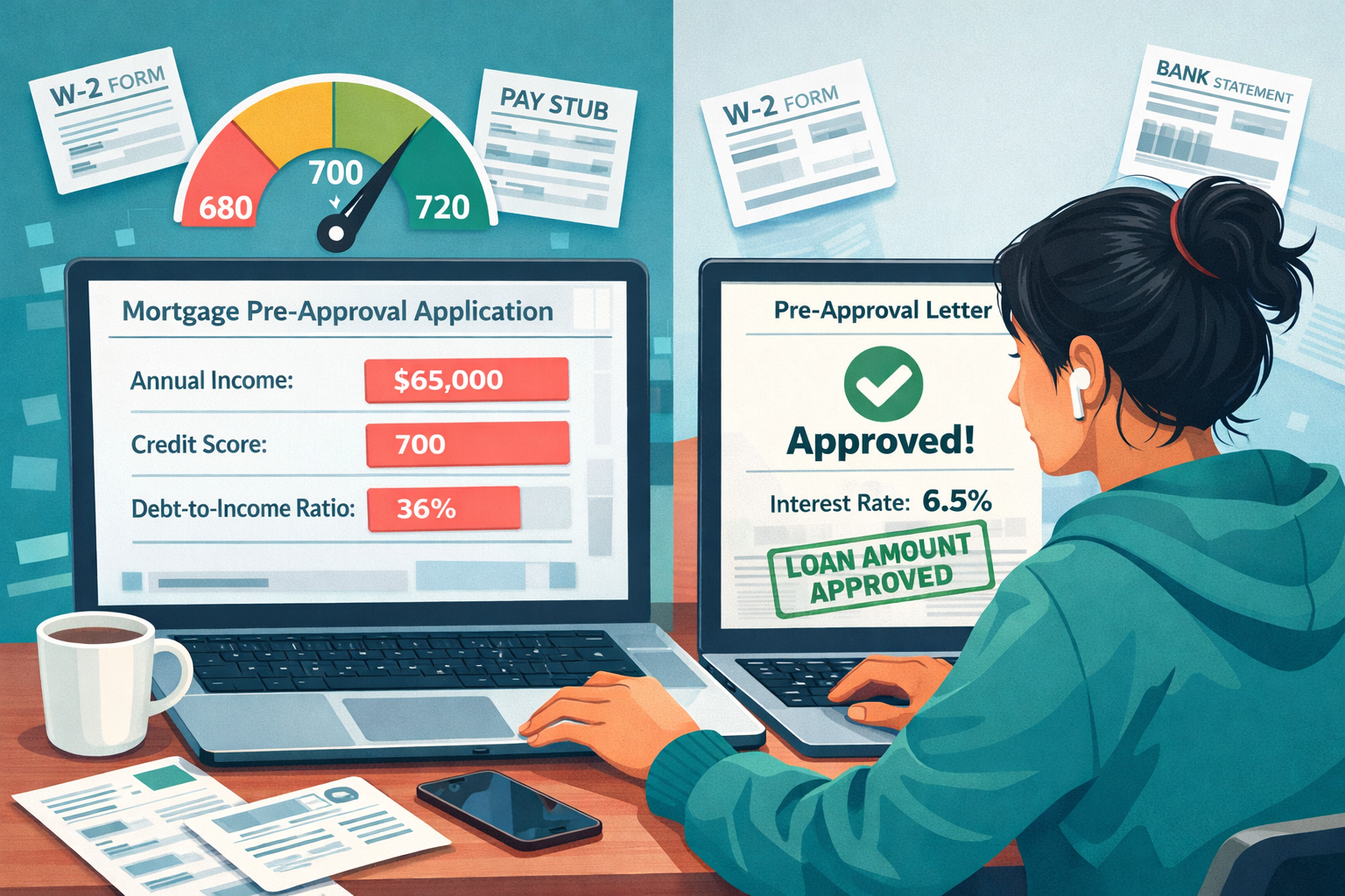 Landscape format (1536x1024) conceptual illustration showing Gen Z person at laptop using mortgage pre-approval calculator with split-screen
