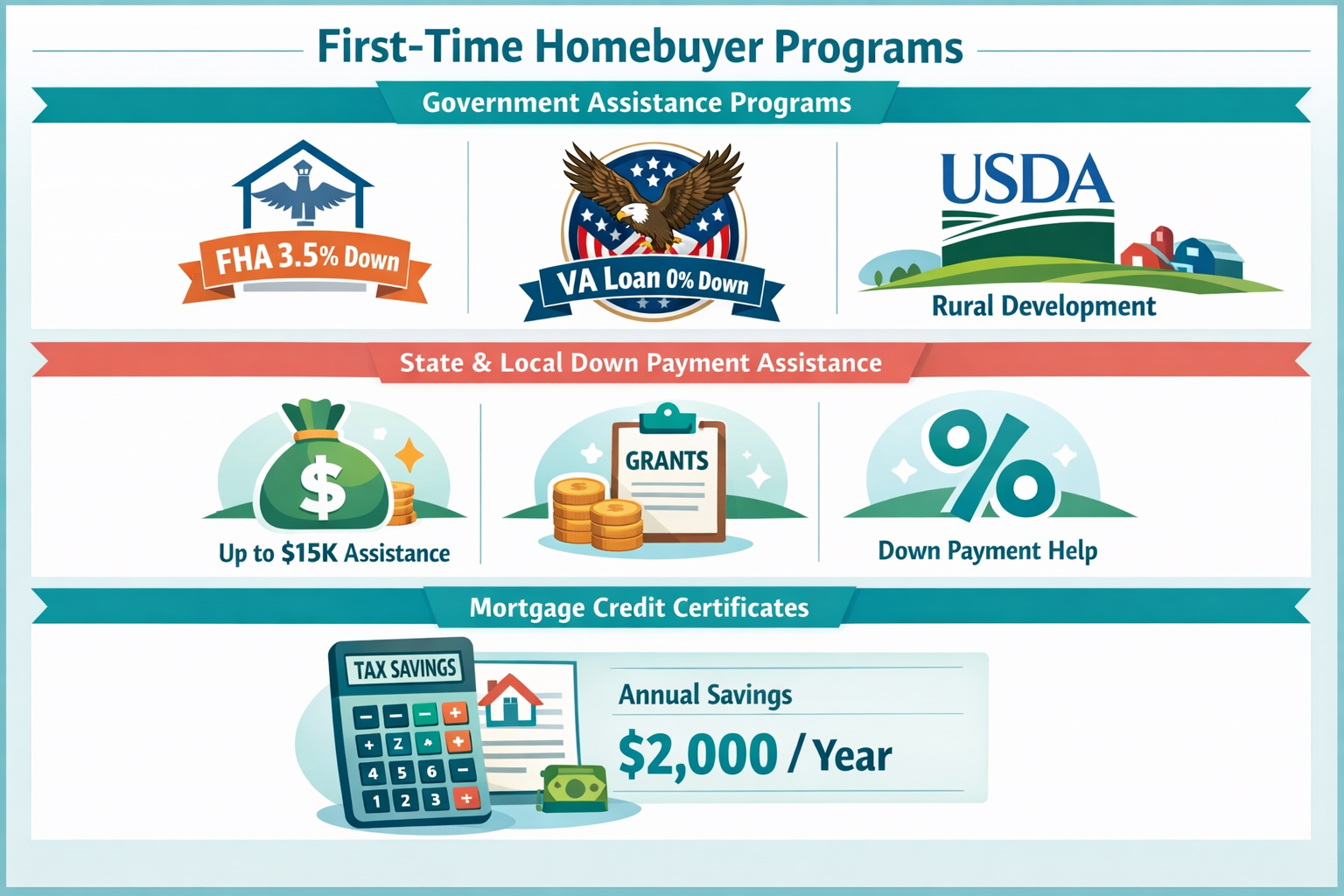 Landscape format (1536x1024) split comparison scene showing 'First-Time Homebuyer Programs' with three distinct sections. Top section displa