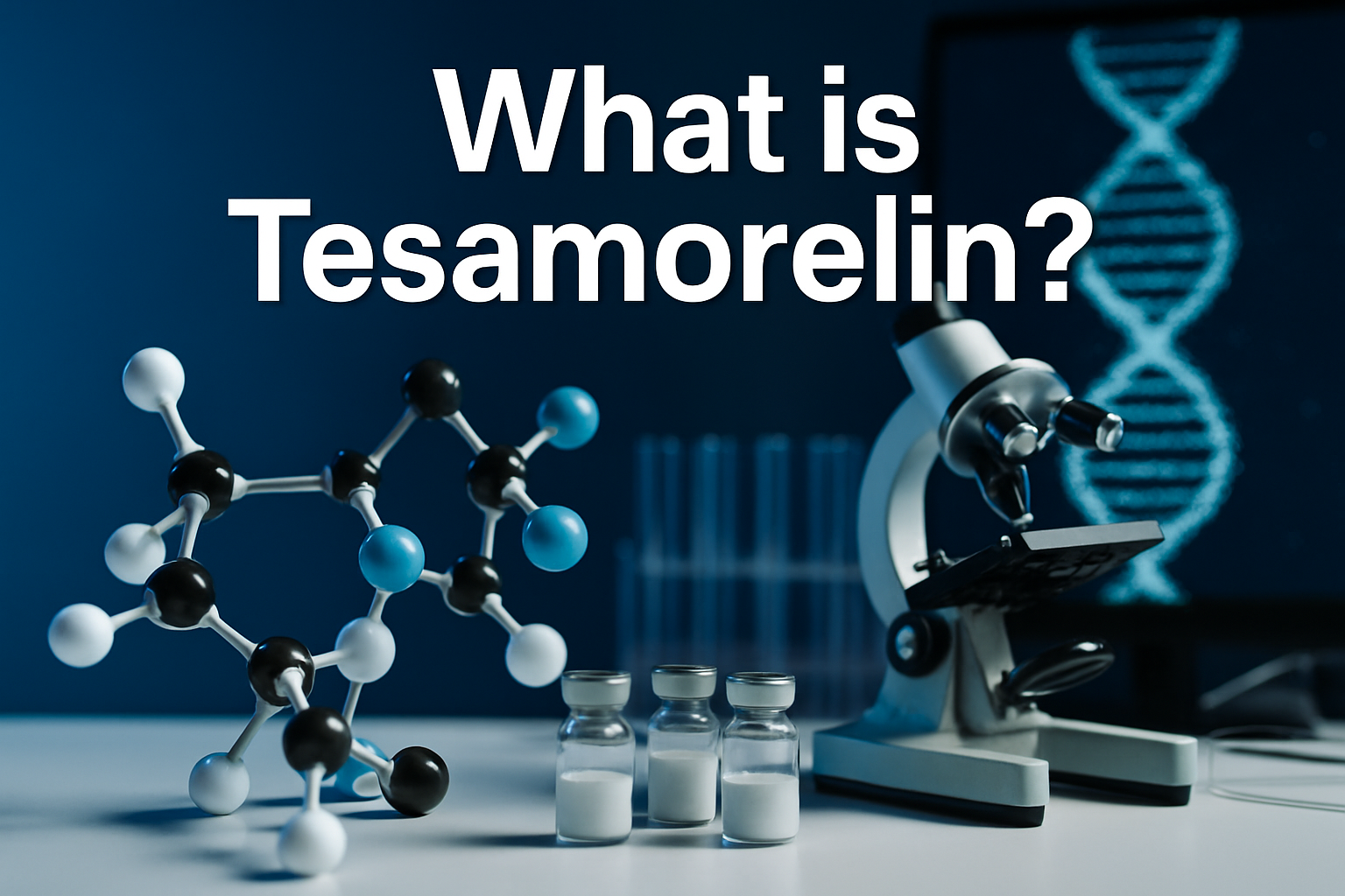 Professional landscape hero image (1536x1024) featuring bold text overlay 'What is Tesamorelin?' in extra large 72pt white sans-serif font w