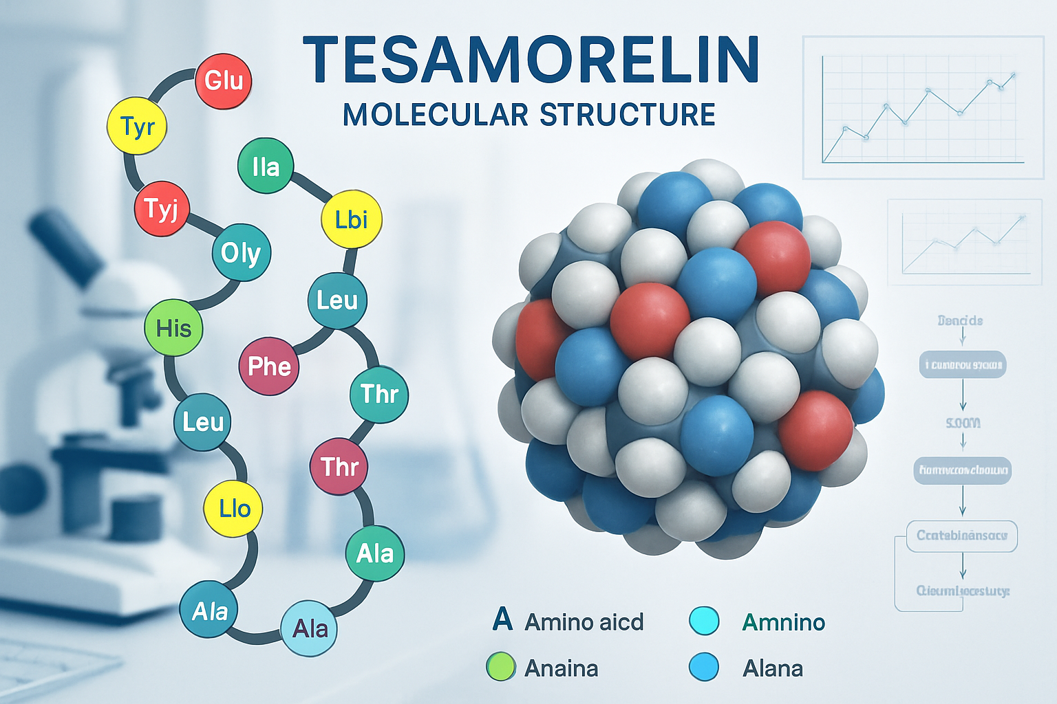 Scientific illustration showing tesa molecular structure with detailed peptide chain visualization, amino acid sequences highlighted 