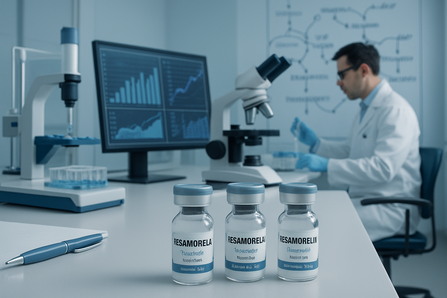 Clinical research laboratory scene showing tesa peptide vials, scientific measurement equipment, data analysis charts on computer scr