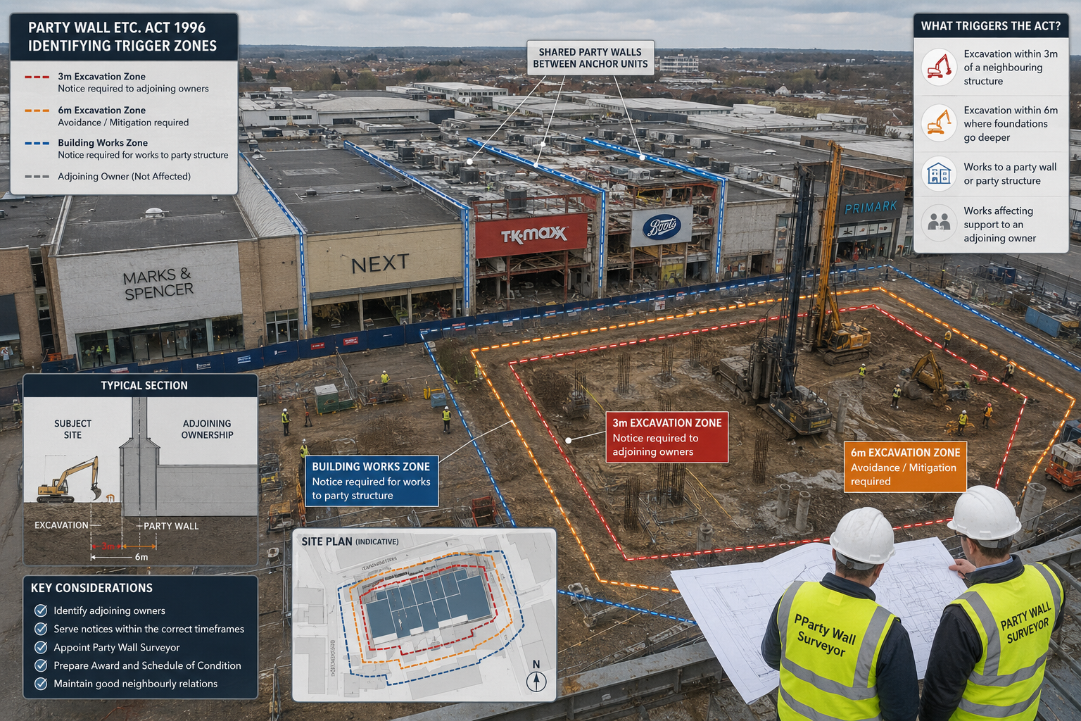 Wide aerial perspective () showing a UK town-centre shopping mall undergoing structural redevelopment, with visible shared