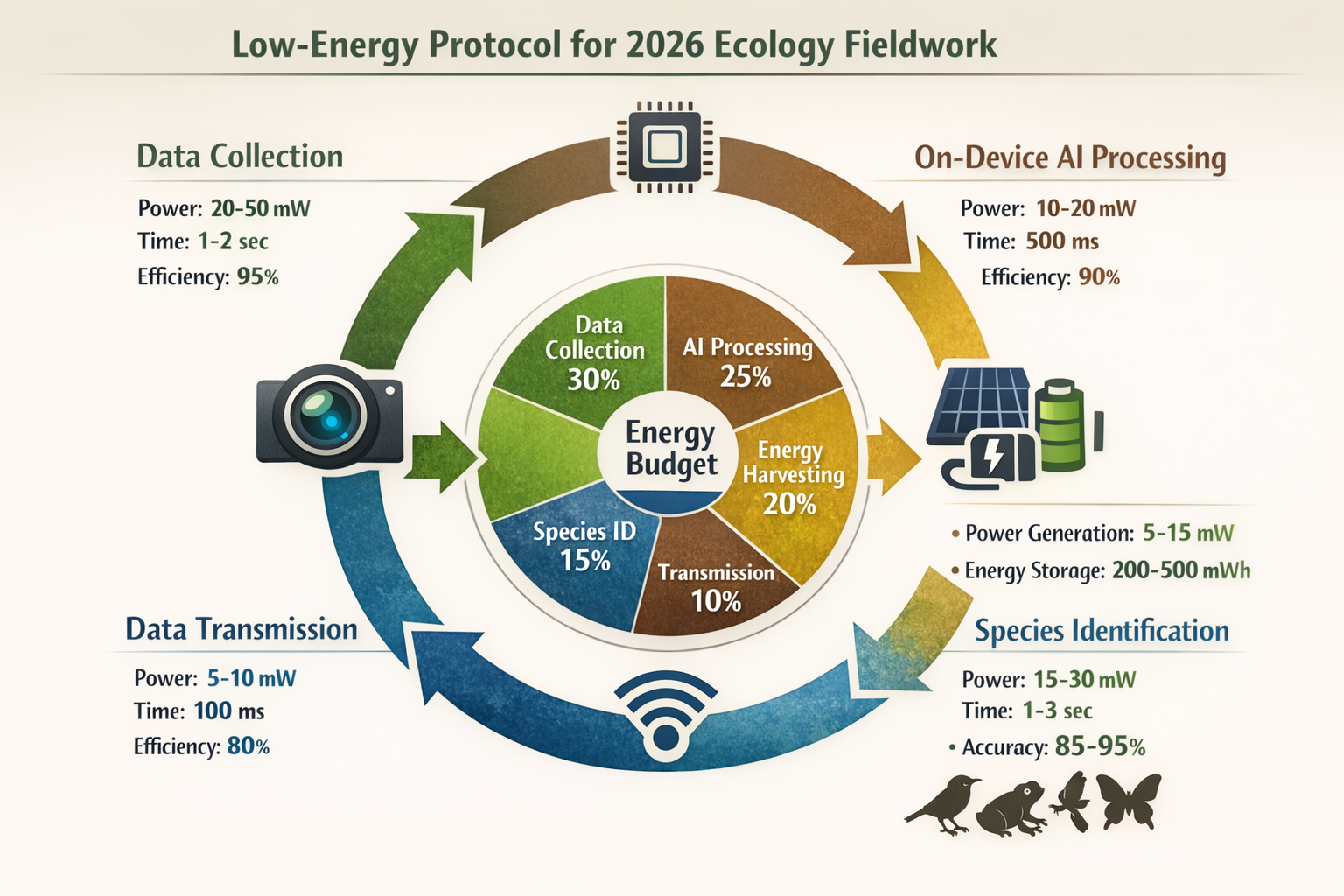 Landscape format (1536x1024) comprehensive infographic showing low-energy protocol workflow for 2026 ecology fieldwork. Circular diagram wit