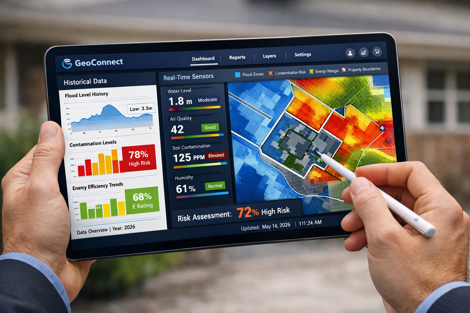 Detailed () image showing close-up of professional tablet screen displaying GeoConnect dashboard interface with multiple