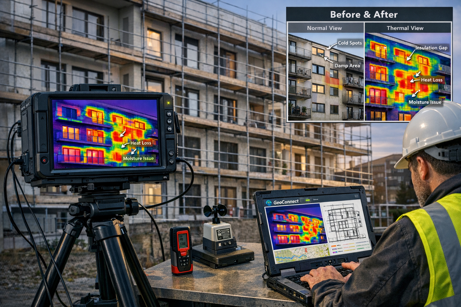 Detailed () image depicting thermal imaging survey in progress on multi-story building. Main focus shows large thermal