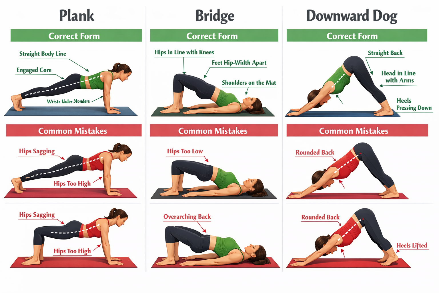 Step-by-step visual guide showing proper form for plank, bridge, and downward dog poses side by side with alignment cues and