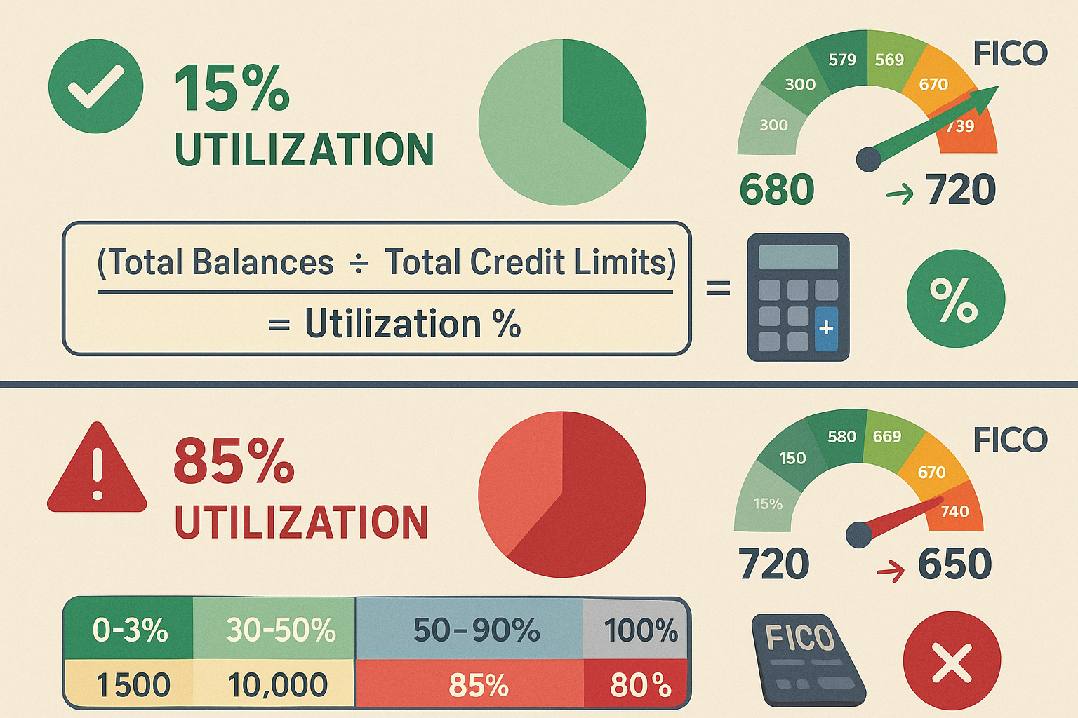 Comprehensive visual diagram (1536x1024) illustrating credit utilization formula impact on credit scores with split-screen comparison: top h