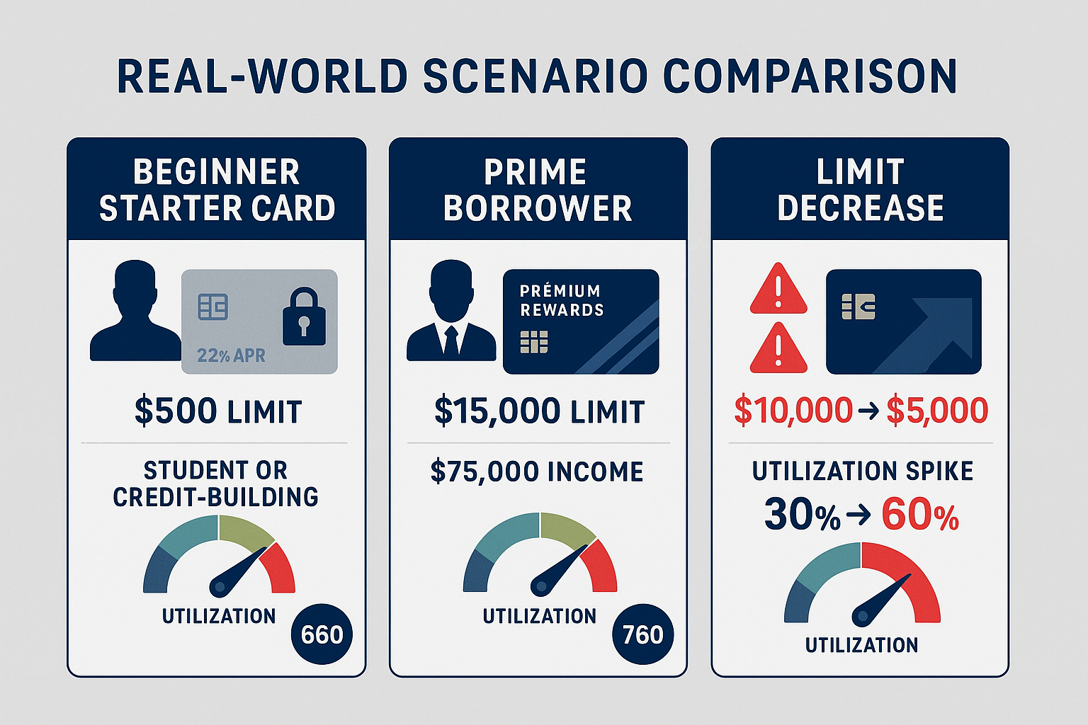 Real-world scenario comparison infographic (1536x1024) displaying three side-by-side credit limit examples as vertical panels: left panel sh