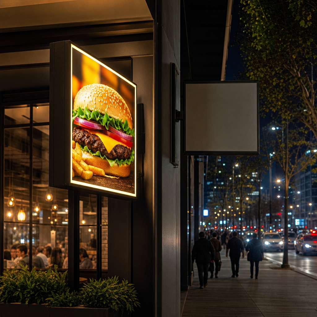 Side-by-side comparison of an illuminated lightbox sign and a non-illuminated flat sign at night