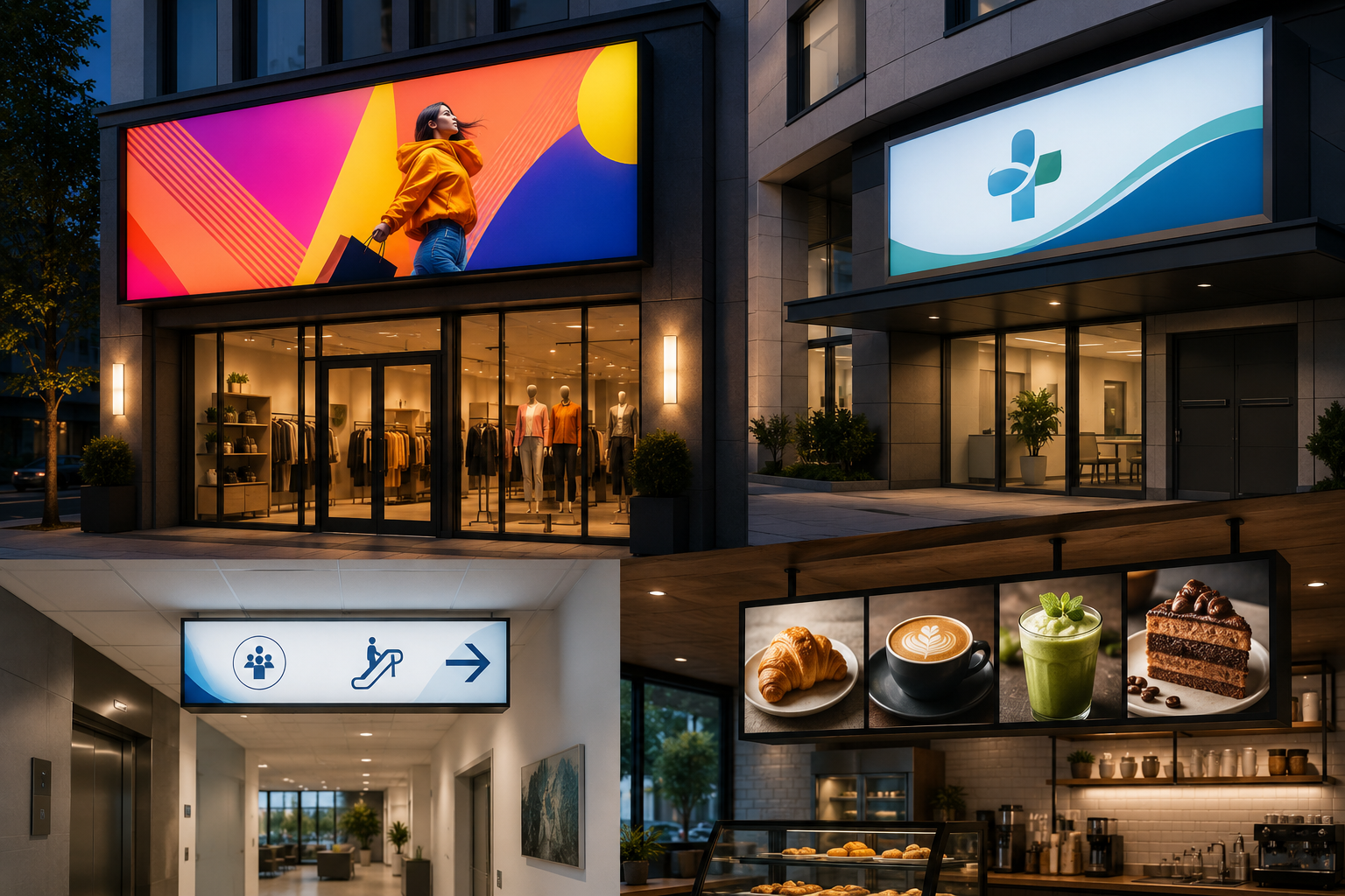 Lightbox signs shown across several business types, including a retail storefront, a professional office, and an interior cafe menu board