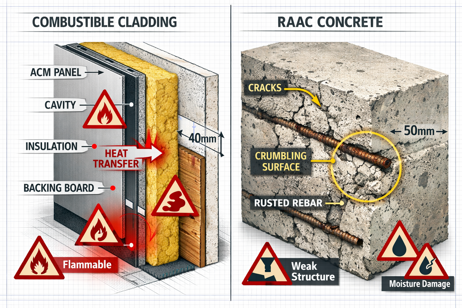 Detailed () editorial image showing close-up split-screen comparison of building defects: left panel displays combustible