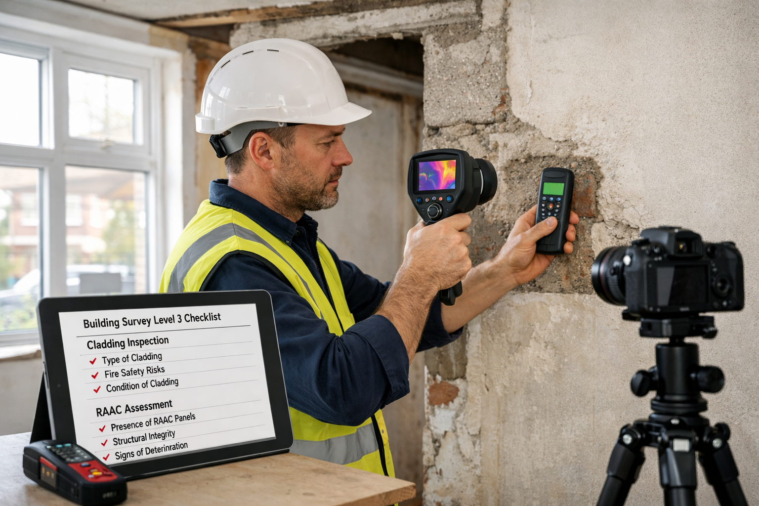 () professional photograph of surveyor conducting Level 3 building survey inspection in South East London property, wearing
