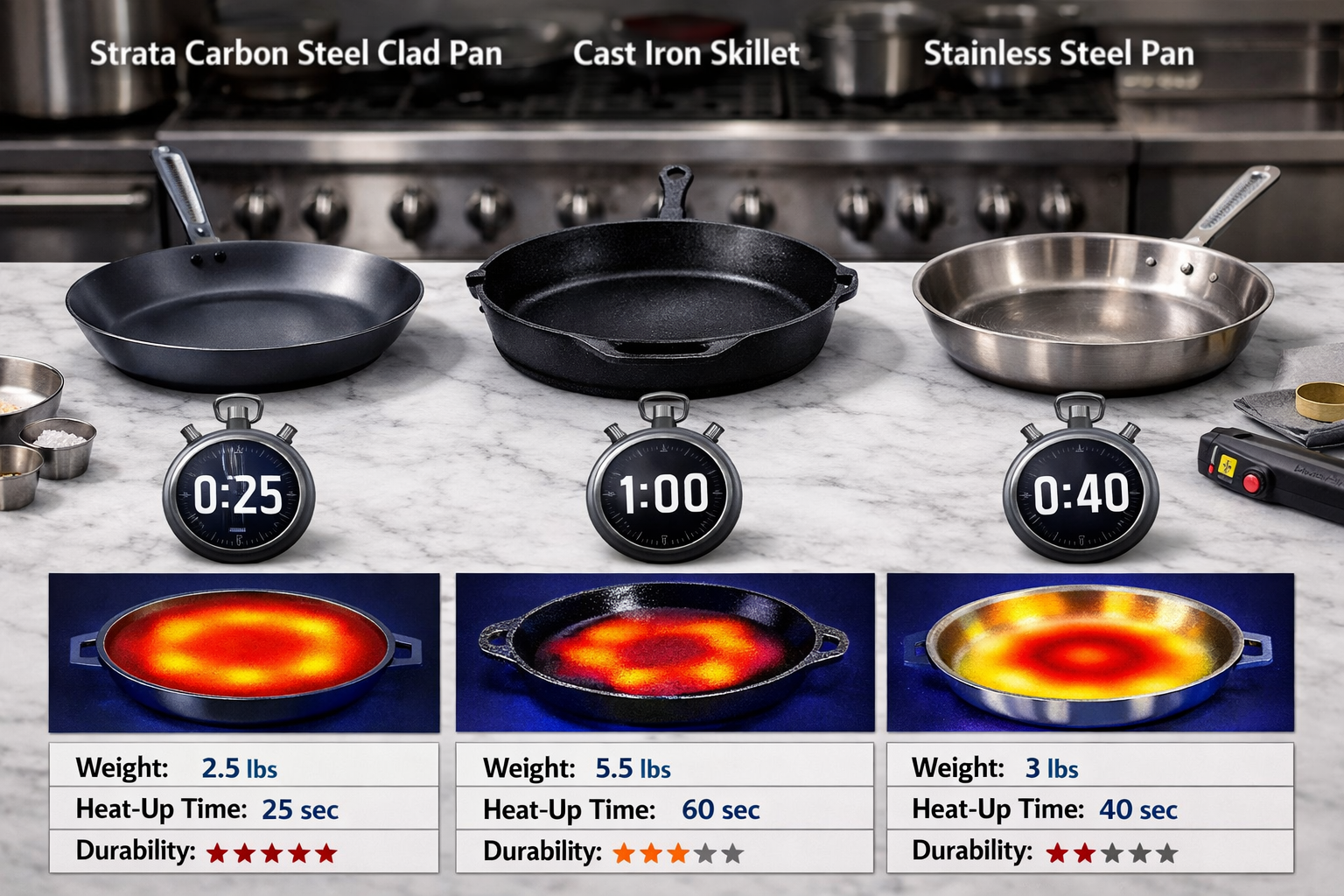 Side-by-side comparison photograph showing Strata Carbon Steel Clad Pan next to traditional cast iron skillet and standard stainless steel p