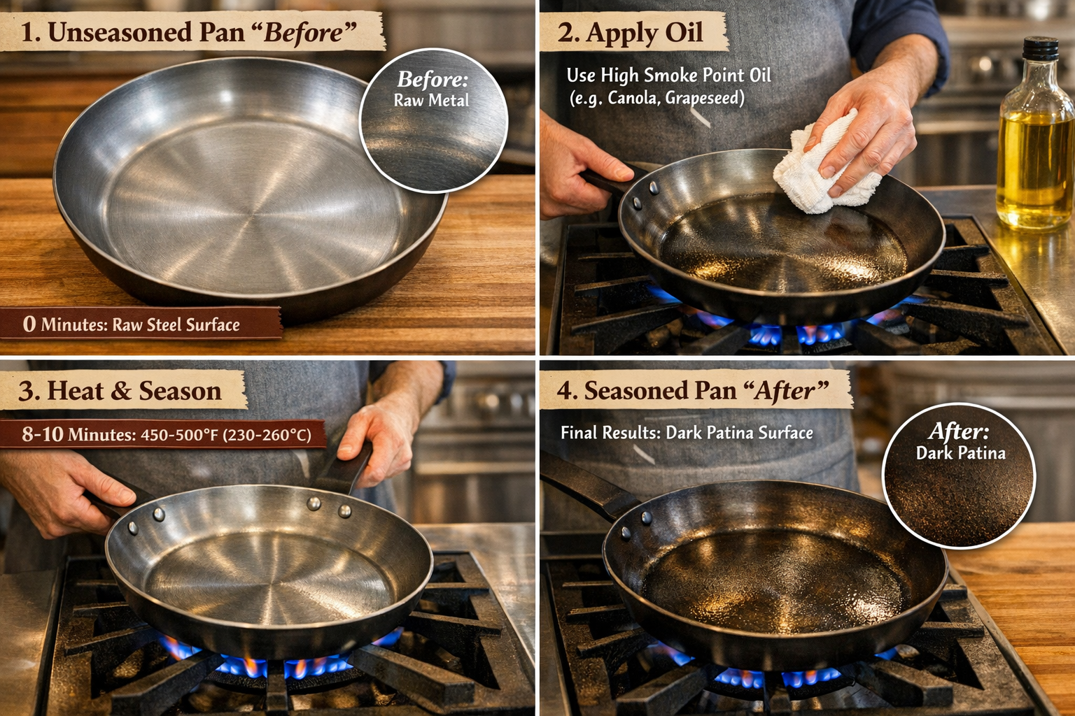 Step-by-step seasoning process photo sequence for Strata Carbon Steel Clad Pan showing four stages: clean unseasoned pan surface closeup, oi