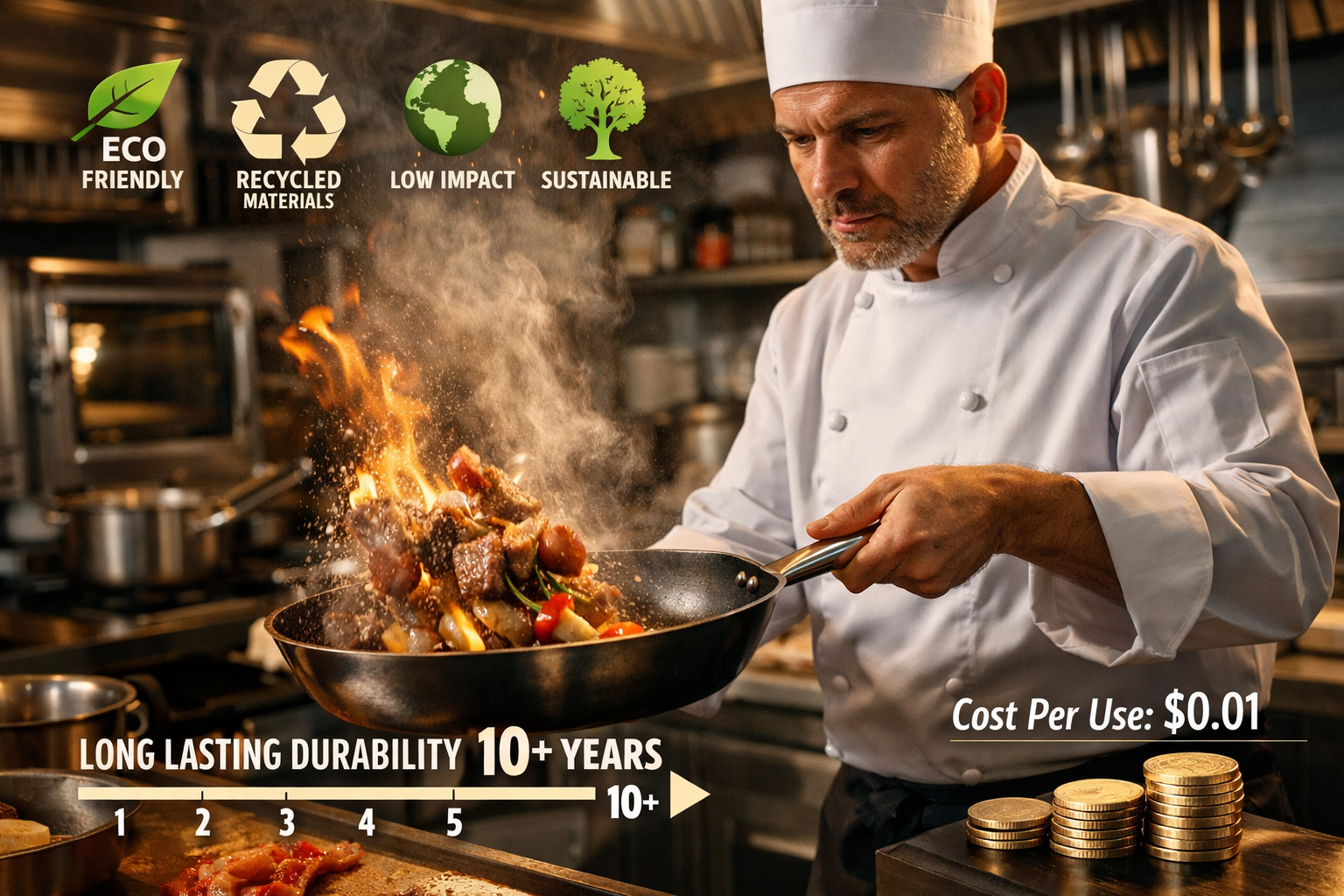 Lifestyle photograph of professional chef using Strata Carbon Steel Clad Pan in modern commercial kitchen, performing high-heat searing tech