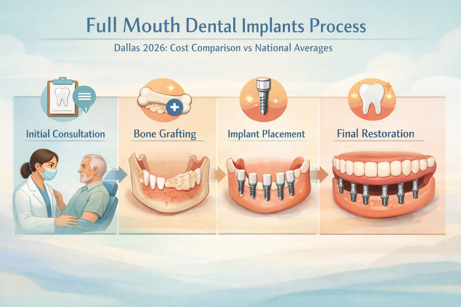 Landscape format (1536x1024) image showing a visual representation of the comprehensive full mouth dental implant process, perhaps a sequenc