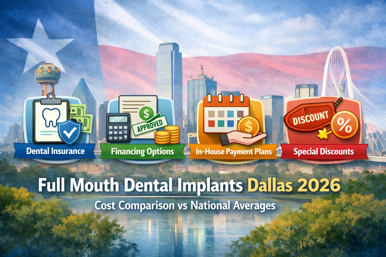 Landscape format (1536x1024) illustration depicting various financial options available for dental implants. This could include icons for de