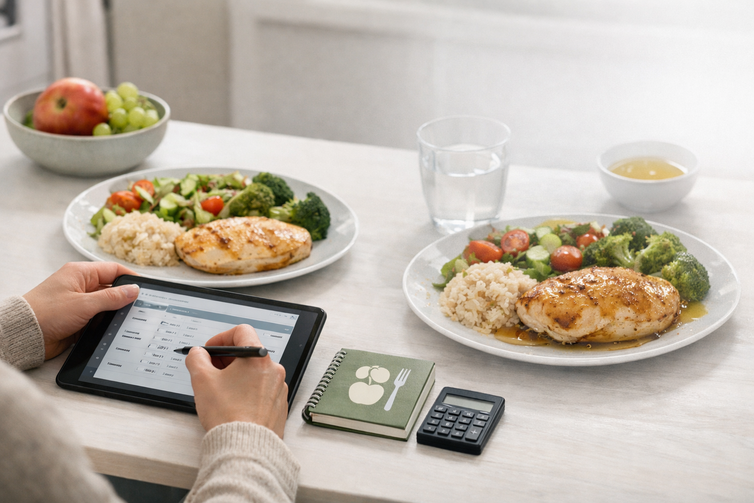 () image illustrating a person diligently tracking food intake on a tablet, with a small, stylized food journal icon and a