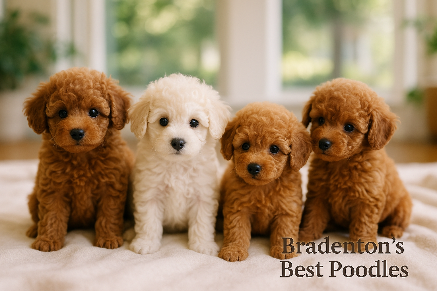 A beautifully composed landscape image (1536x1024) showcasing a litter of healthy, vibrant Toy Poodle puppies playing gently on a clean, sof
