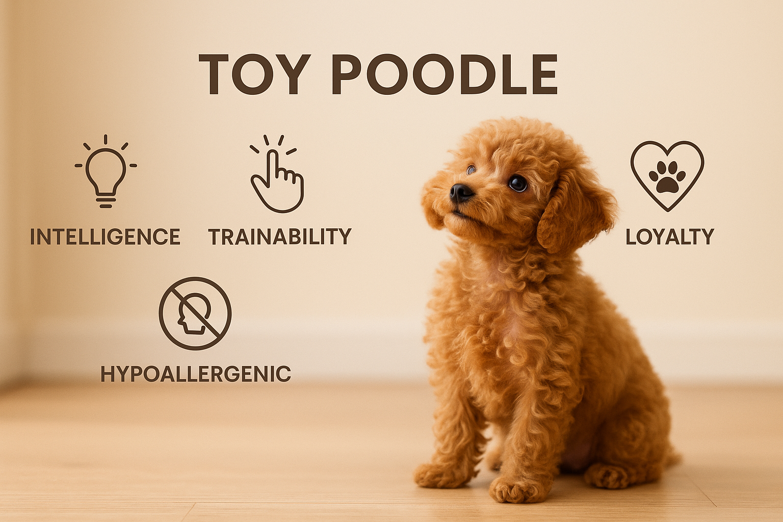 A clean, professional infographic-style landscape image (1536x1024) illustrating the key attributes of Toy Poodles: 'Intelligence', 'Trainab