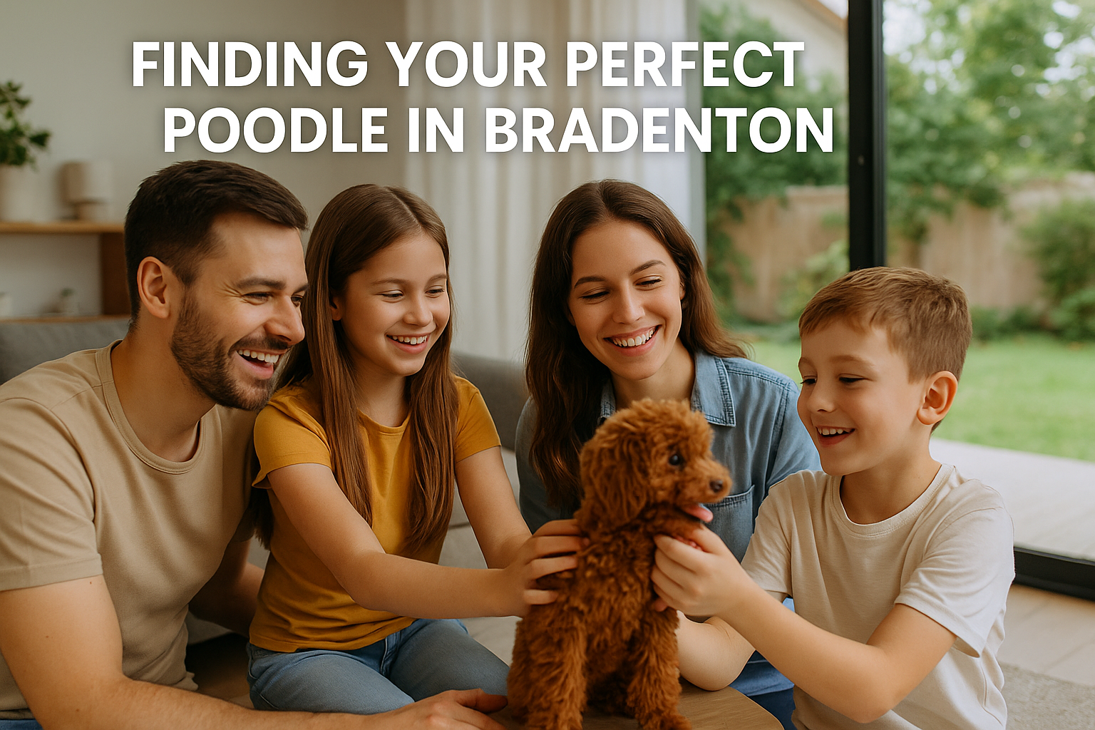 A structured landscape image (1536x1024) depicting a family happily interacting with a Toy Poodle puppy in a comfortable home environment. T