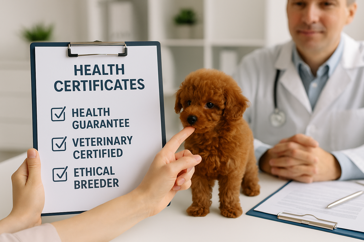 A professional landscape image (1536x1024) illustrating the process of selecting a Toy Poodle puppy: a person reviewing health certificates 