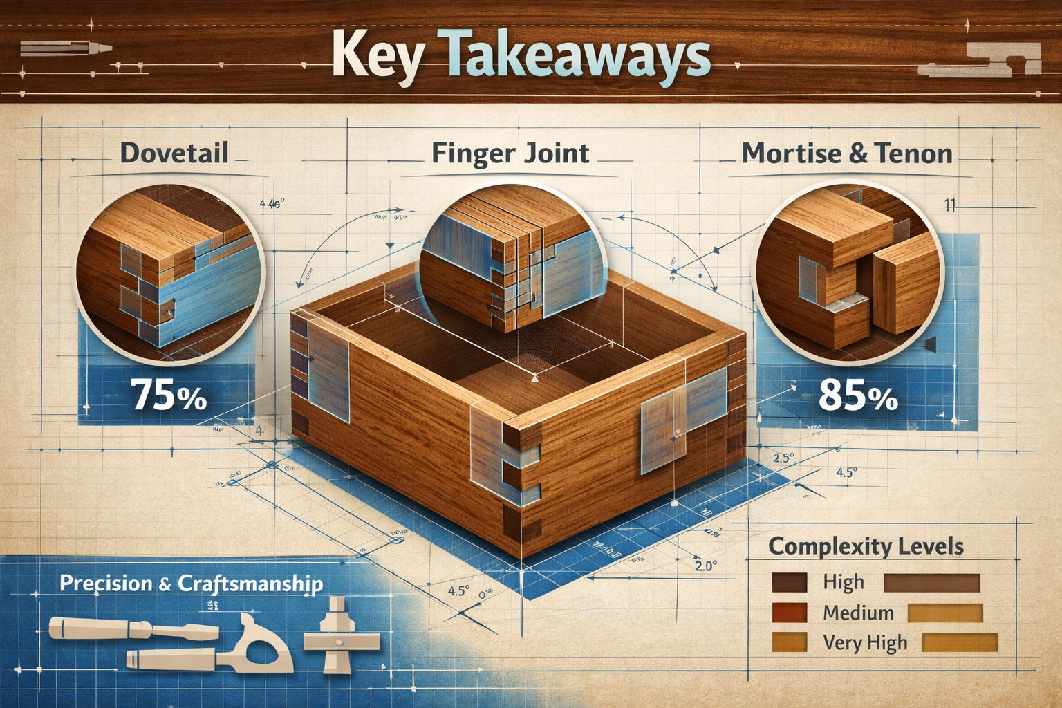 Infographic-style visual for 'Key Takeaways' section featuring stylized woodworking icons representing advanced joinery