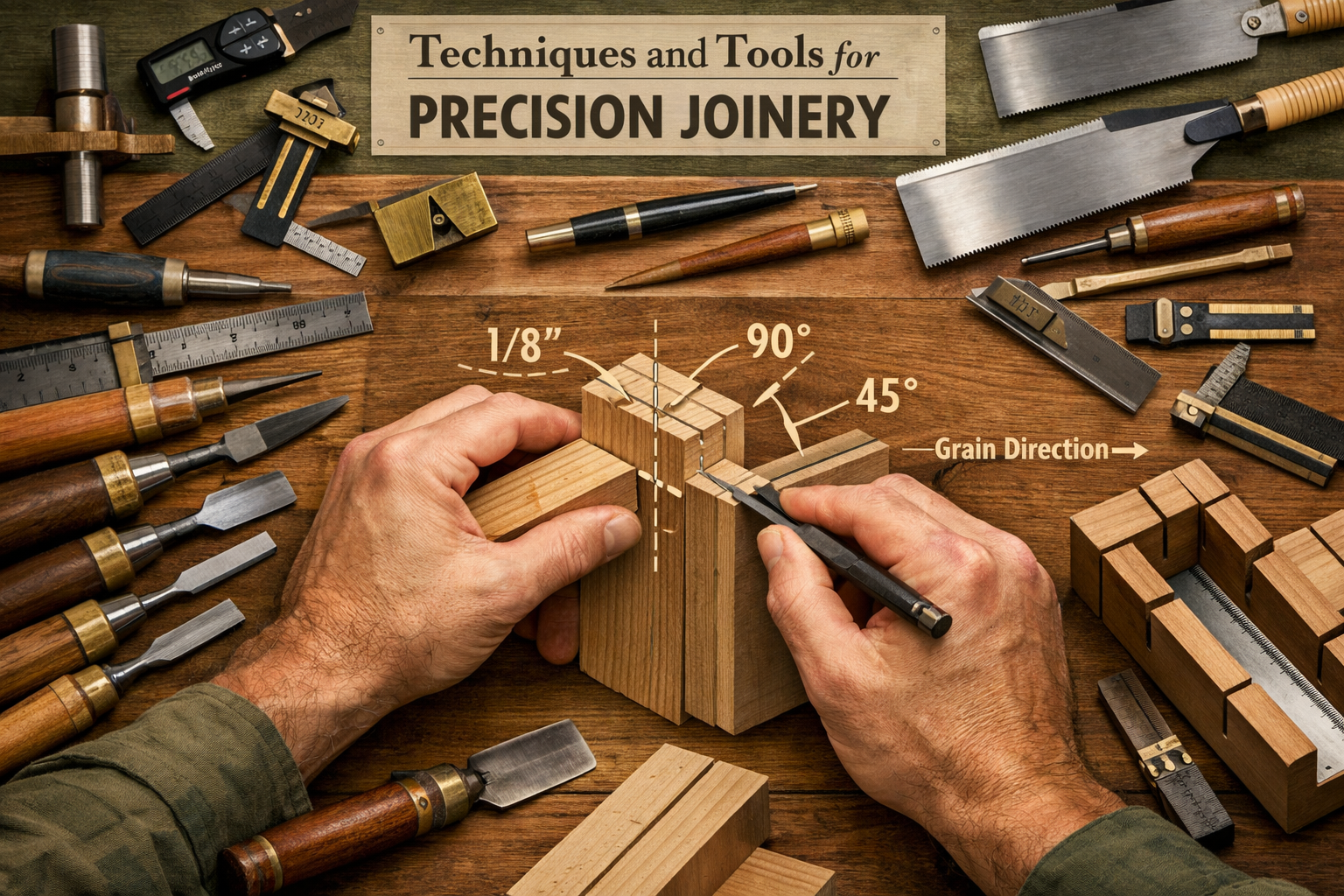 Comprehensive woodworking tools and techniques visual for 'Techniques and Tools for Precision Joinery'. Overhead composition