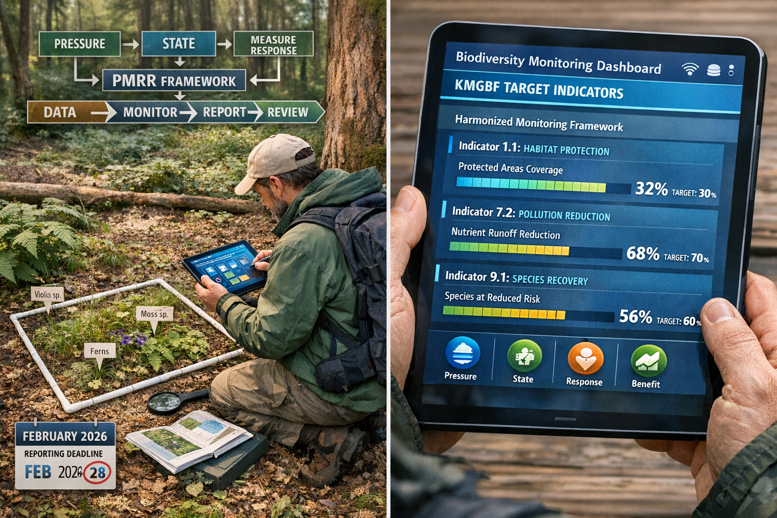 Detailed () image showing professional ecologist in field gear using tablet device displaying digital biodiversity