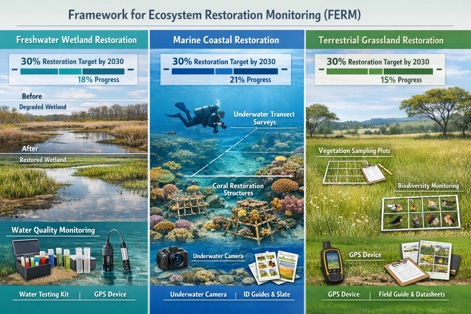 Detailed () infographic-style image illustrating Framework for Ecosystem Restoration Monitoring (FERM) implementation across