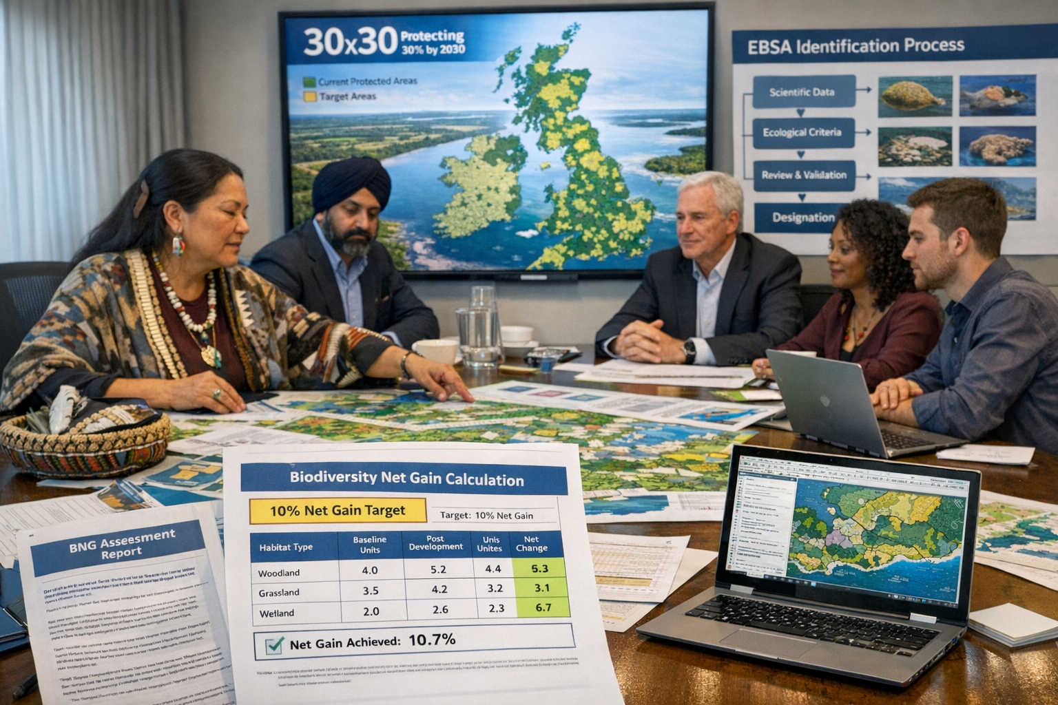 Detailed () image depicting collaborative biodiversity planning meeting scene with diverse group of stakeholders around