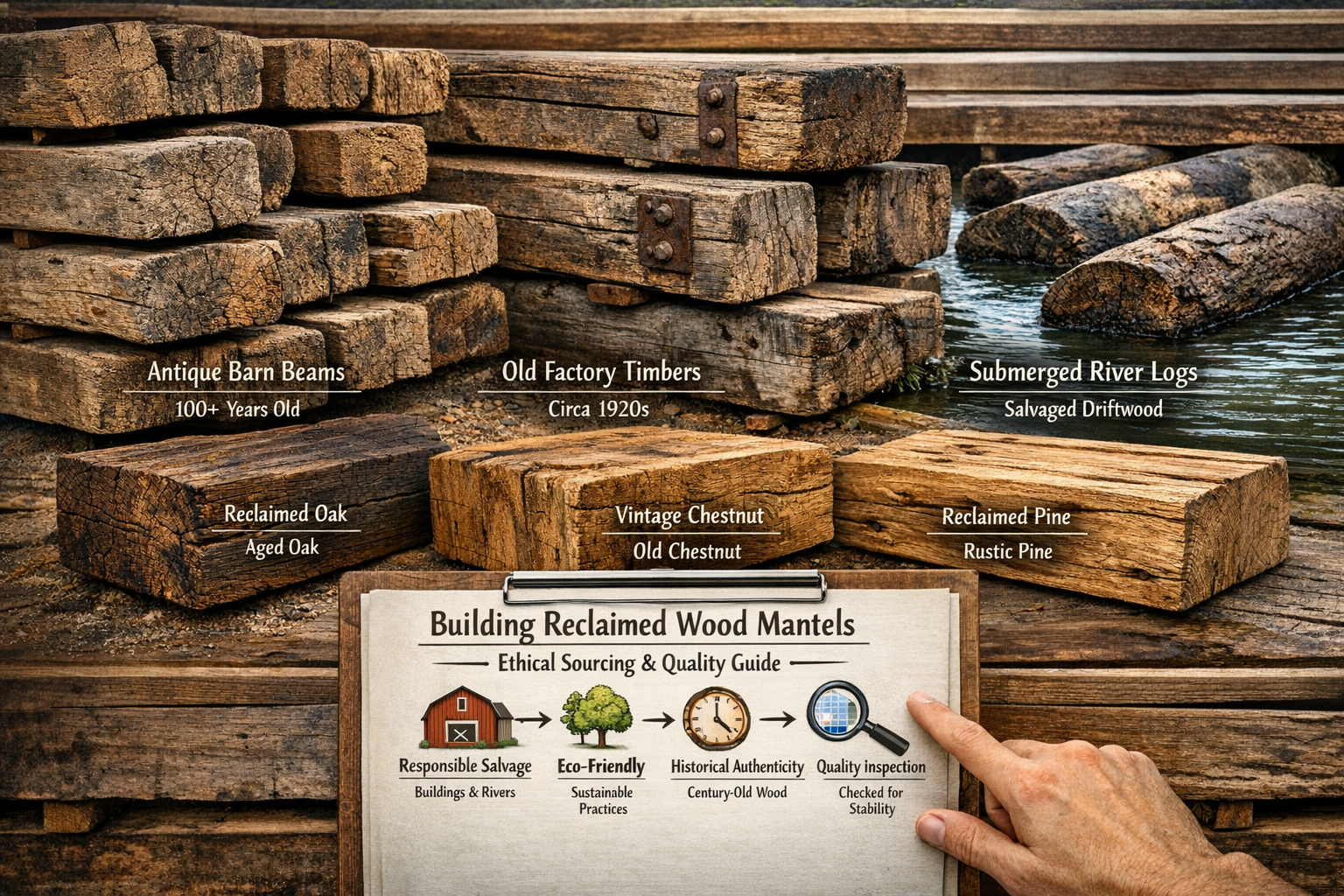 A detailed landscape format (1536x1024) image showcasing various sources of reclaimed wood for mantels, including stacked antique barn beams