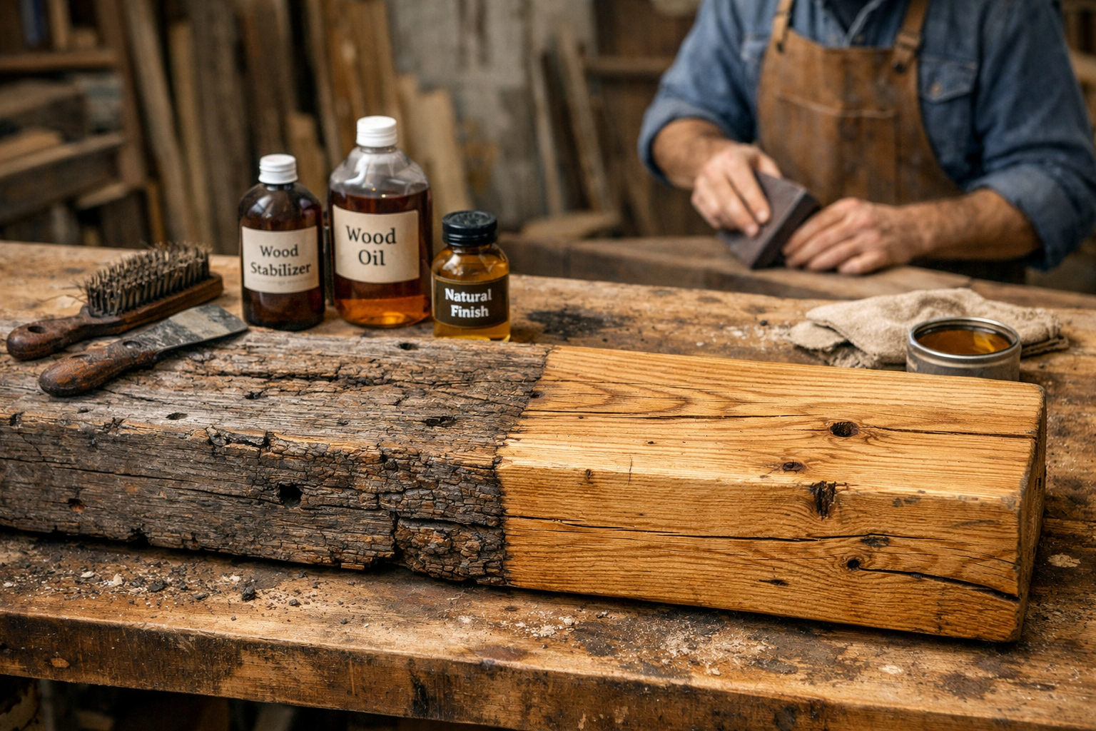 A landscape format (1536x1024) image illustrating the restoration process of a large reclaimed wood mantel. The scene depicts a workbench wi