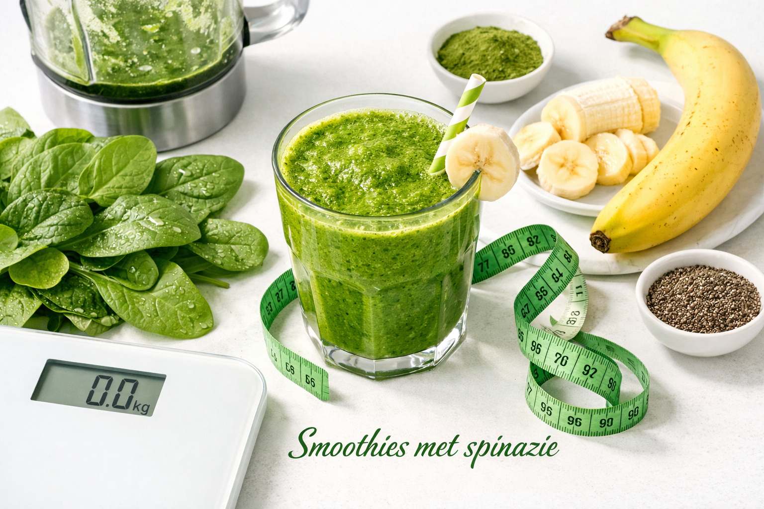 Vibrant editorial-style overhead shot of fresh green spinazie smoothie in modern glass, surrounded by ingredients like fresh spinach leaves,