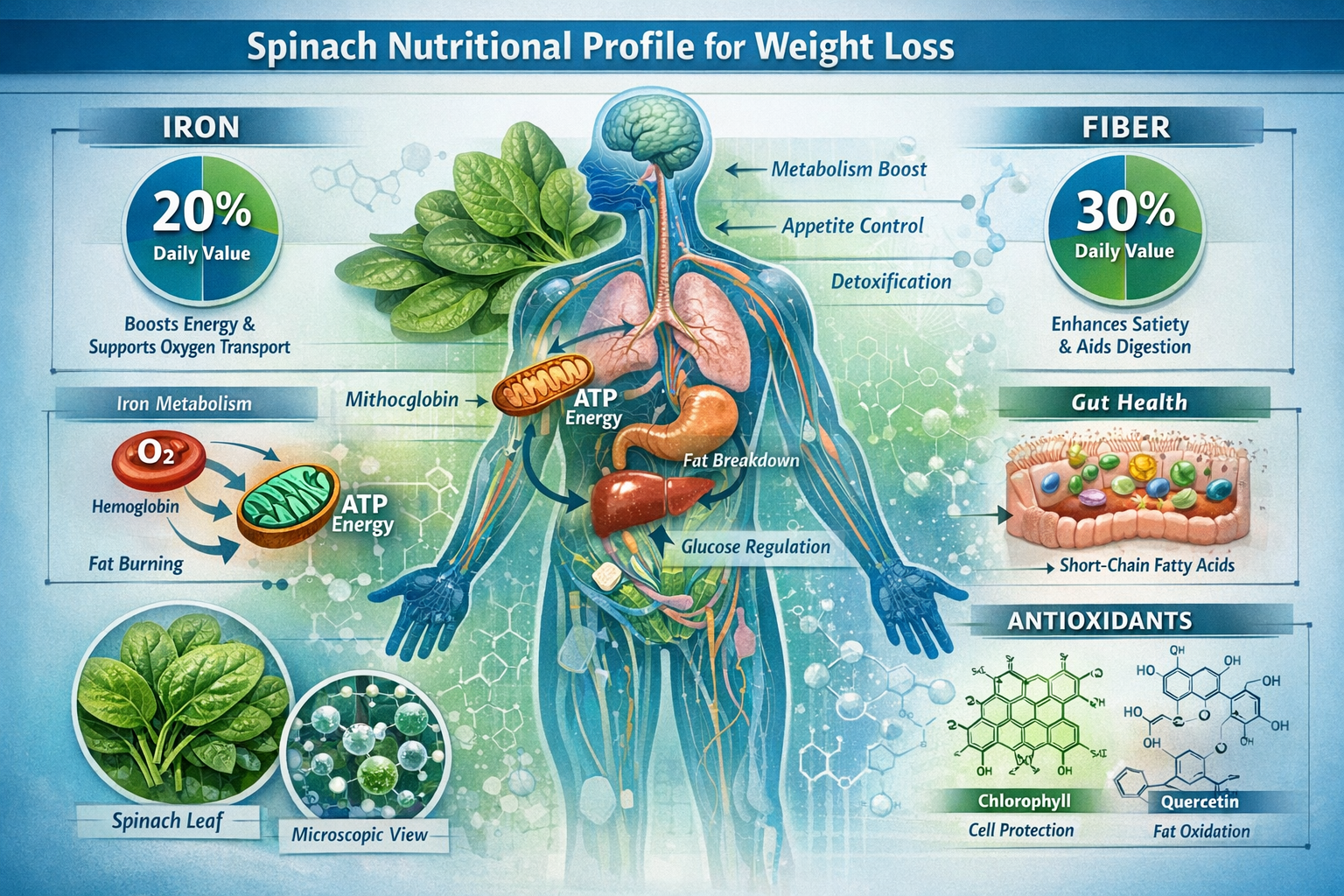 Scientific infographic visualizing spinach nutritional profile for weight loss, featuring detailed anatomical illustration showing metabolic