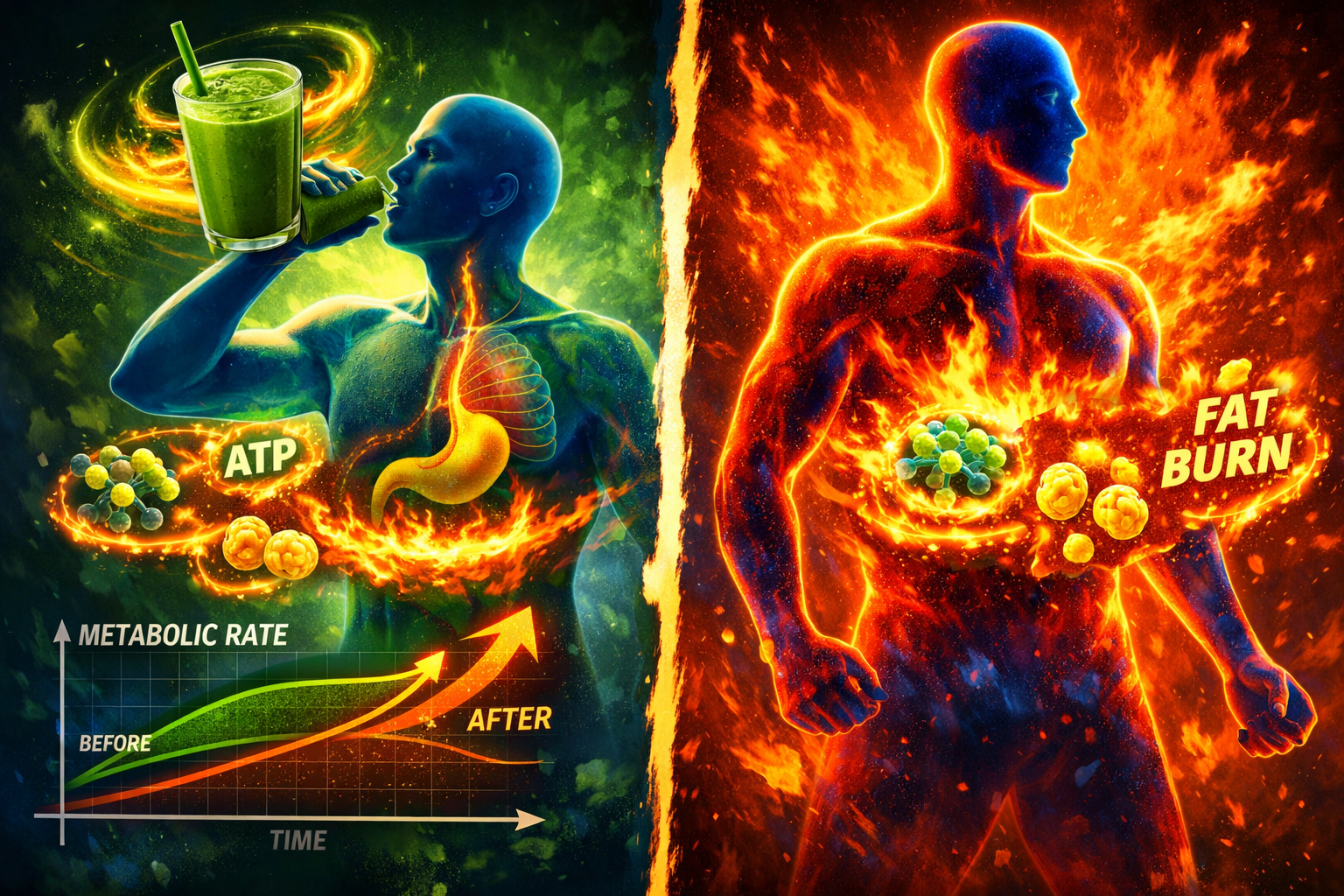 Dynamic motion-capture style image demonstrating fat burning process triggered by spinach smoothie consumption. Split-screen visualization s
