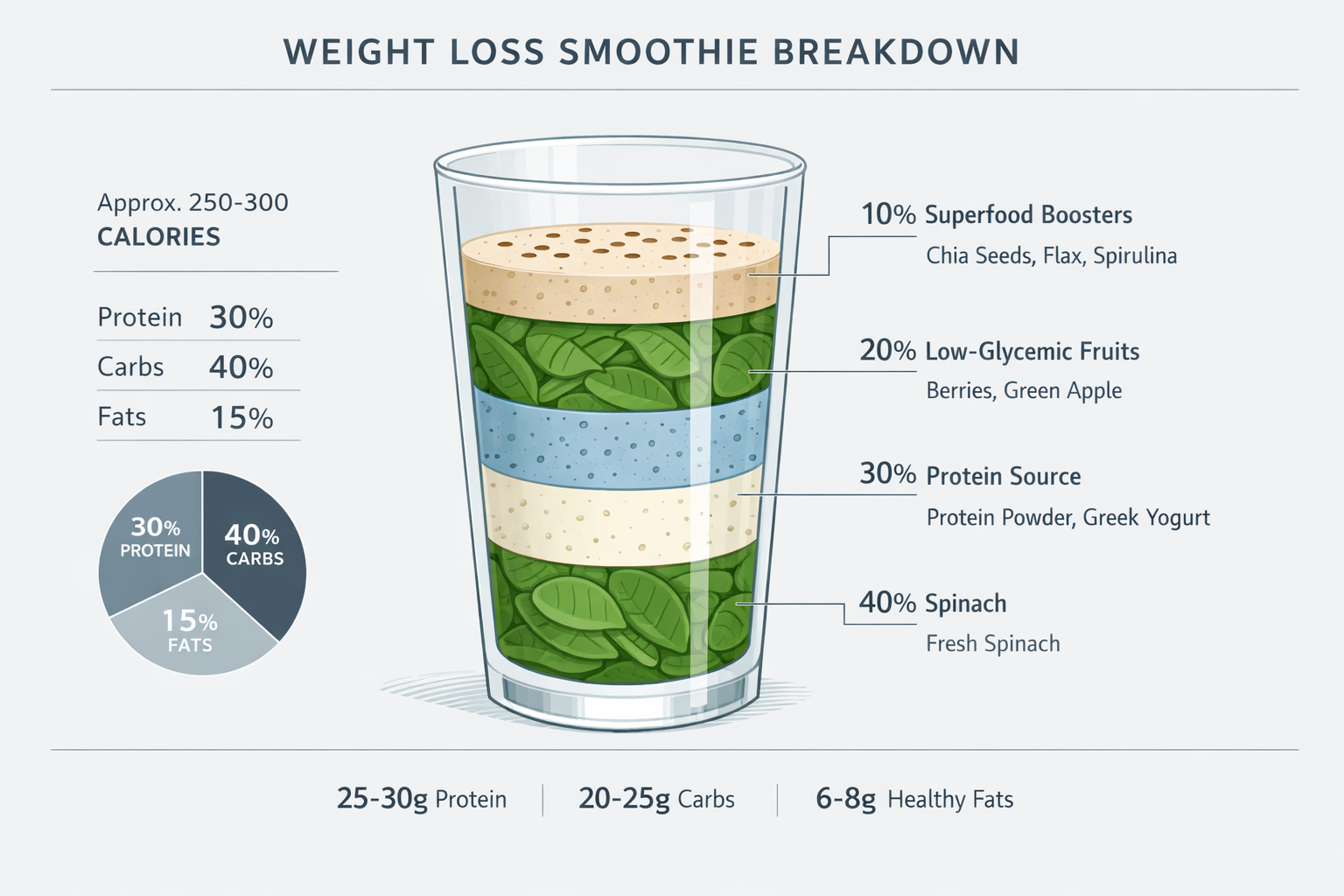 Precision-crafted smoothie composition diagram showing ideal ingredient ratios for weight loss. Architectural, cross-sectional view of smoot