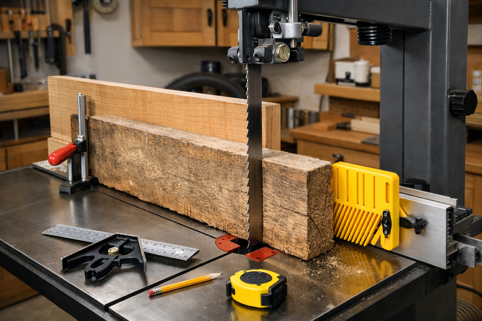 Detailed () image illustrating a bandsaw setup for resawing. Focus on the sharp, wide blade with proper tooth count (e.g.,