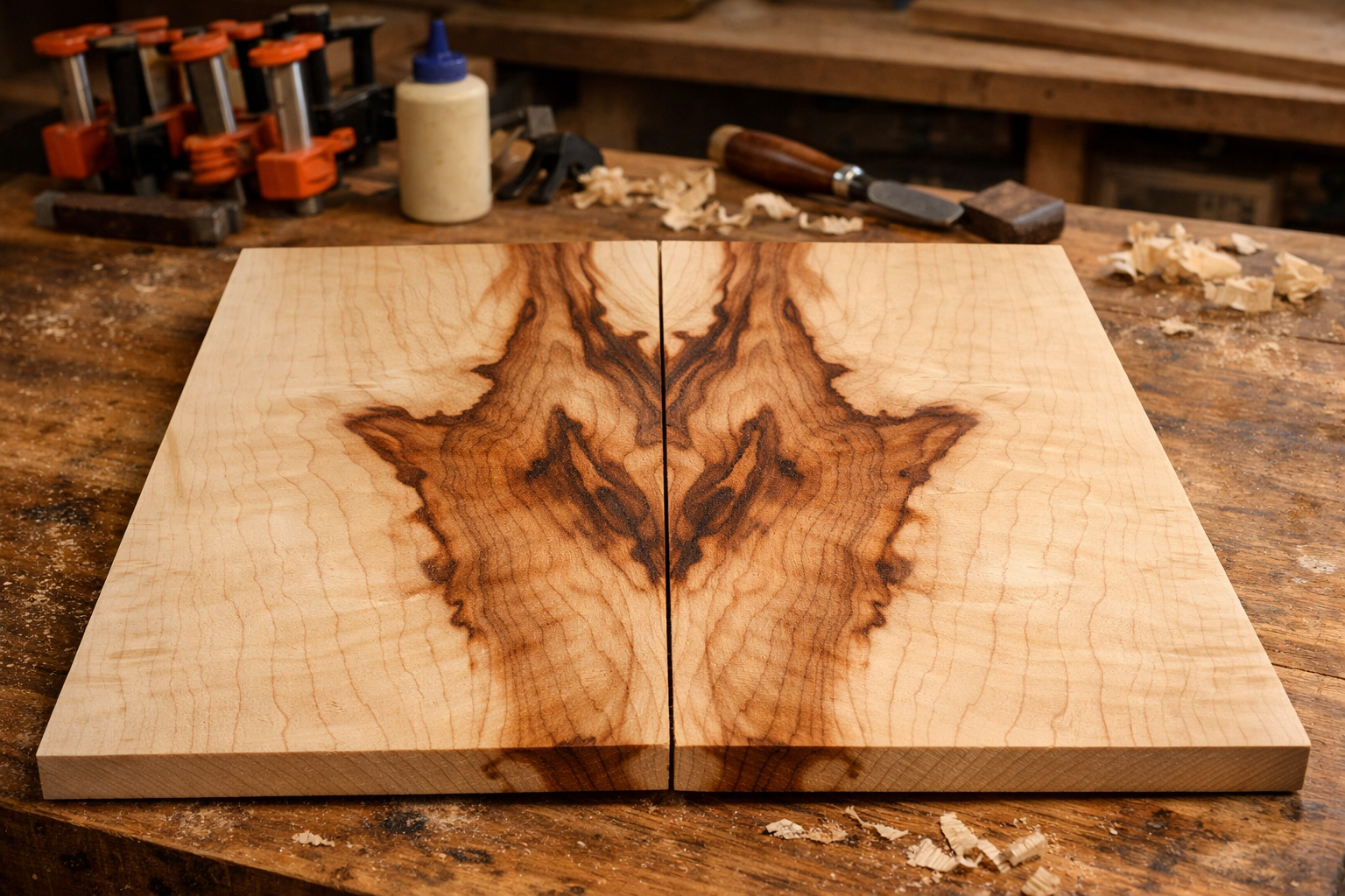 () image showcasing the process of creating book-matched panels. Two freshly resawn boards are laid open like a book,