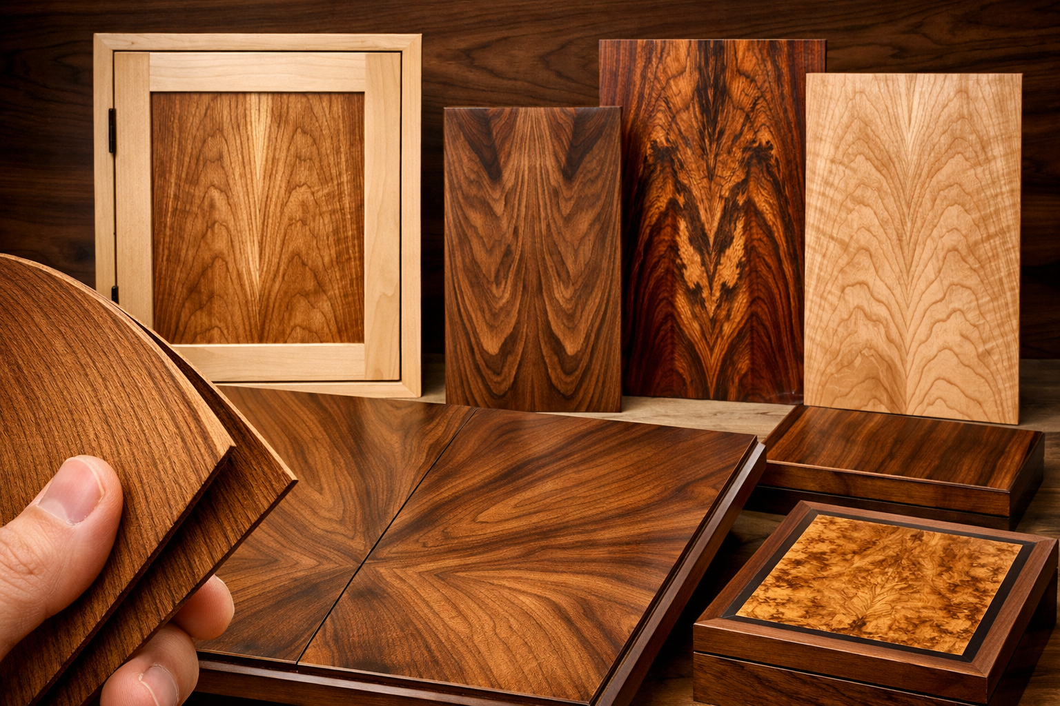 () image depicting various finished projects or components made from resawn lumber and book-matched panels. Examples include