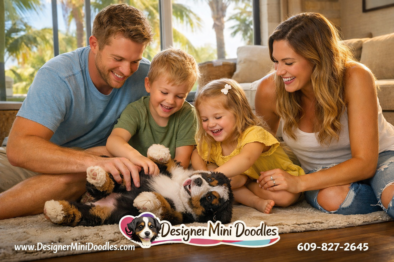 () heartwarming photograph of a young family (parents and two children) sitting on a living room floor playing with their