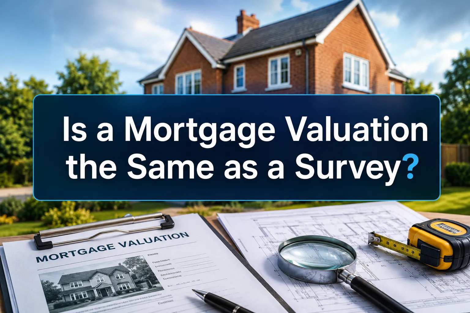 A reading "Is a Mortgage Valuation the Same as a…". CRITICAL TYPOGRAPHY RULES: render the text on 1–2 lines, centered, with