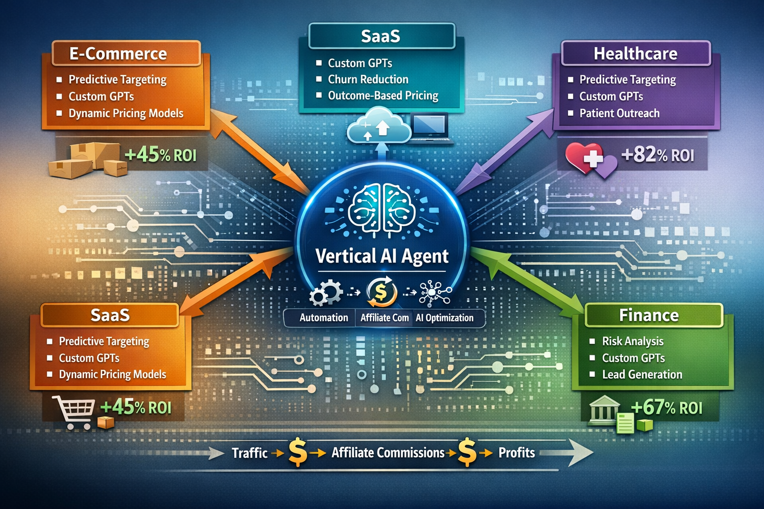 Landscape format (1536x1024) detailed workflow diagram showing vertical AI implementation for affiliate marketers across multiple industries