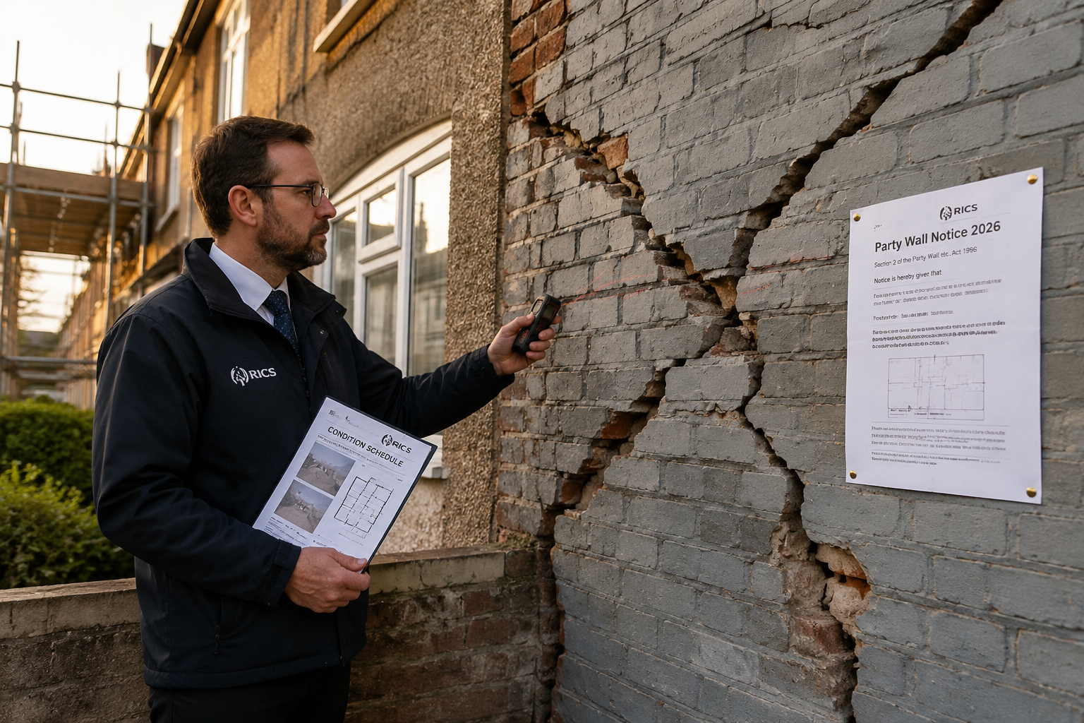 Wide-angle () showing a professional RICS chartered surveyor in formal attire examining a severely cracked party wall