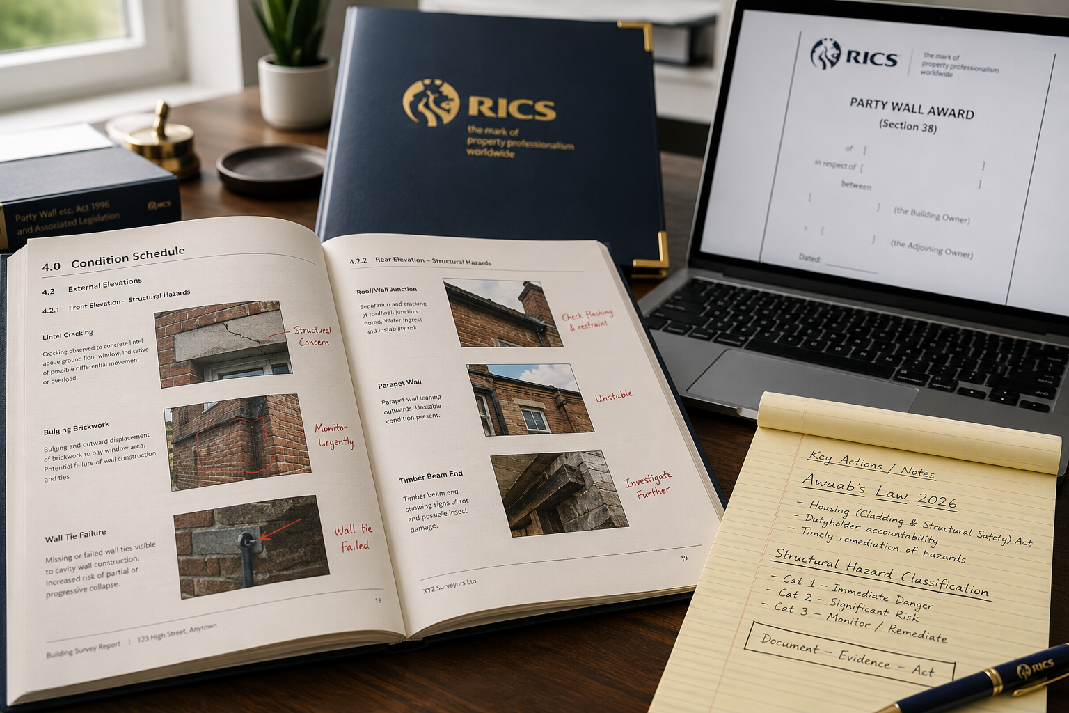 Close-up () of a surveyor's desk showing an open condition schedule document with annotated photographs of structural