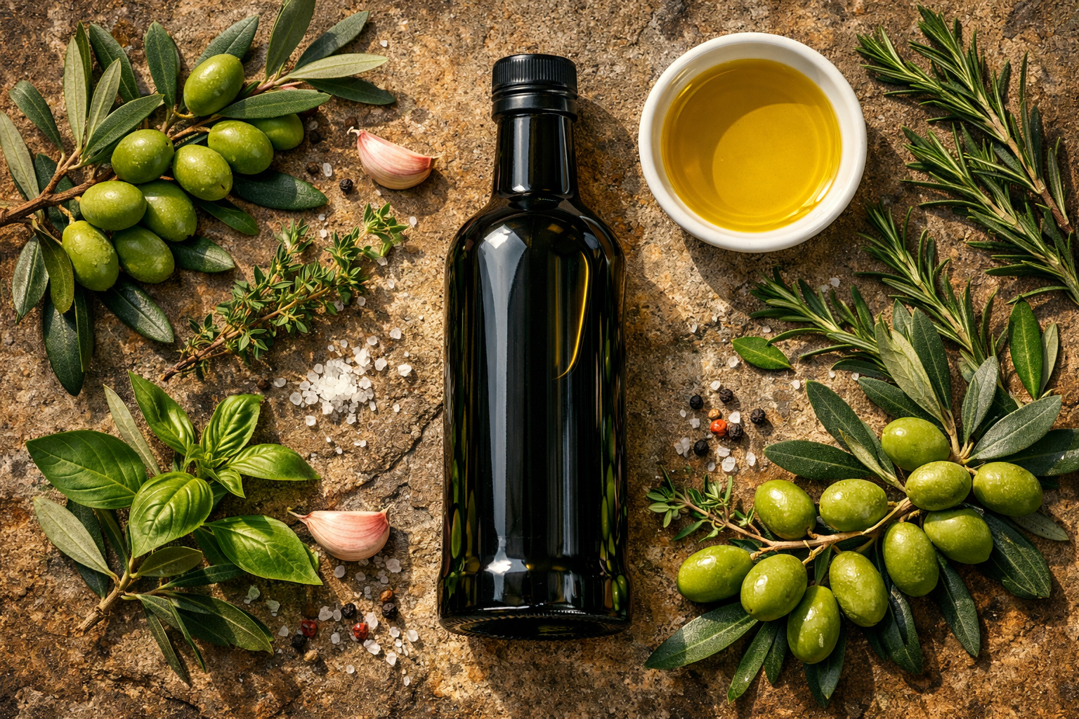 A stunning overhead flat-lay of a dark glass bottle of extra virgin olive oil surrounded by fresh green olives on a branch,