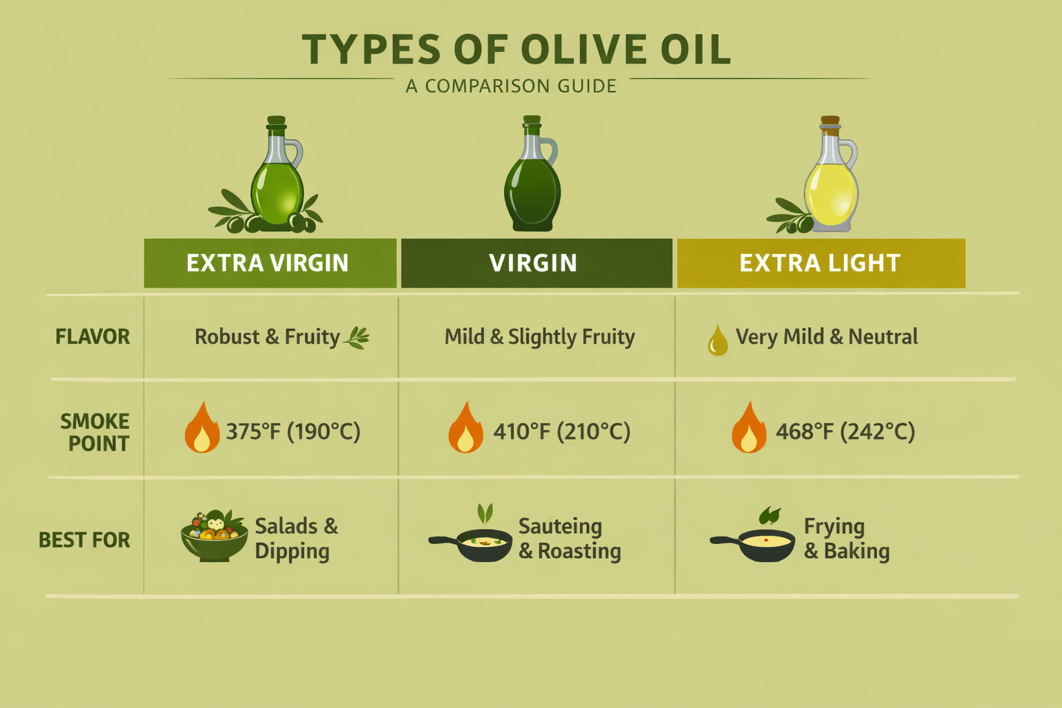 A clean, Virgin, Extra Light) with icons, flavor profiles, smoke points, and best-use cases arranged in a comparison chart