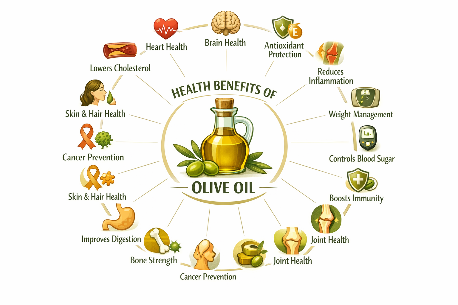 A detailed visual diagram showing 15 health benefits of olive oil arranged in a circular wheel around a central olive oil