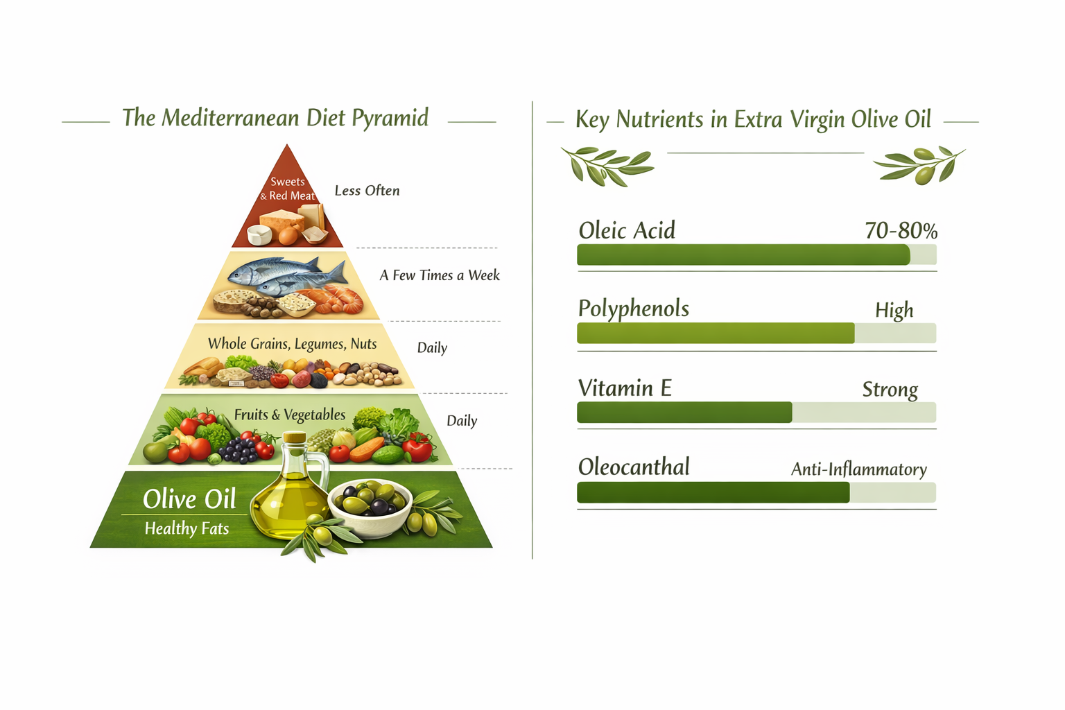 A side-by-side comparison table infographic showing the Mediterranean Diet food pyramid with olive oil highlighted at the